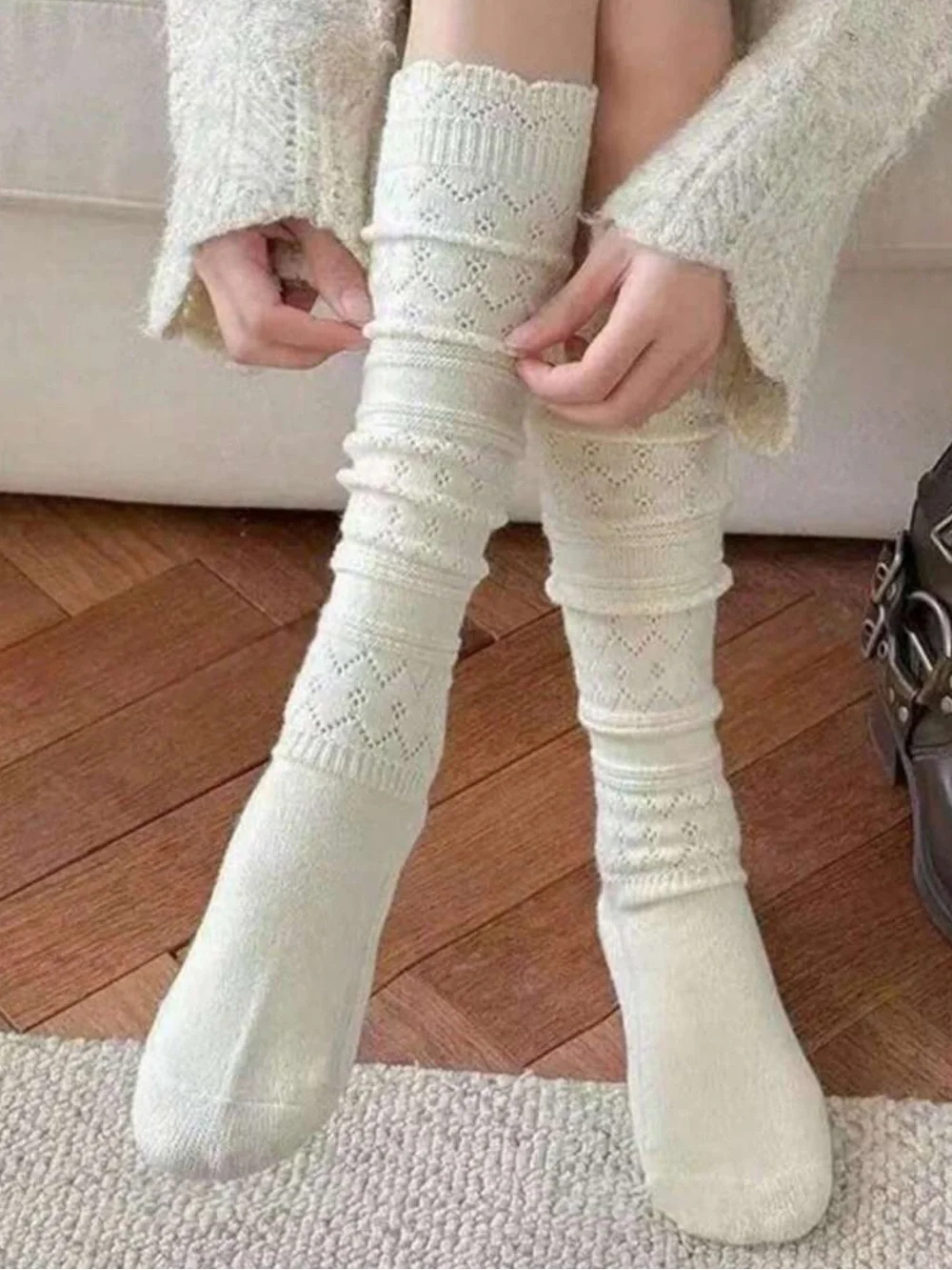 1 Pair Hollow Out Layered Leg Warmers Socks, Knitted Mid-Calf Socks,